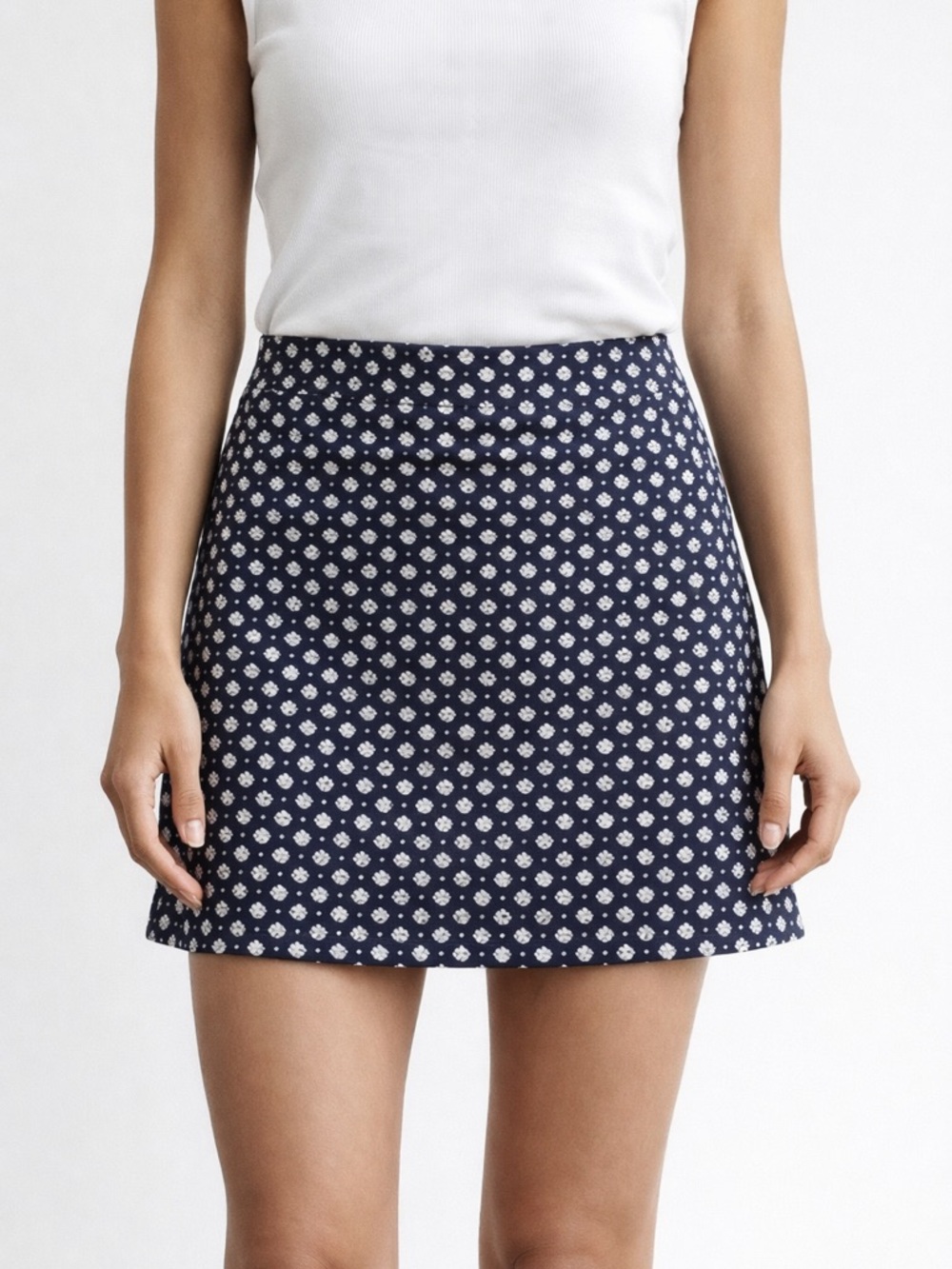 Navy Blue and White Cotton Mini Skirt